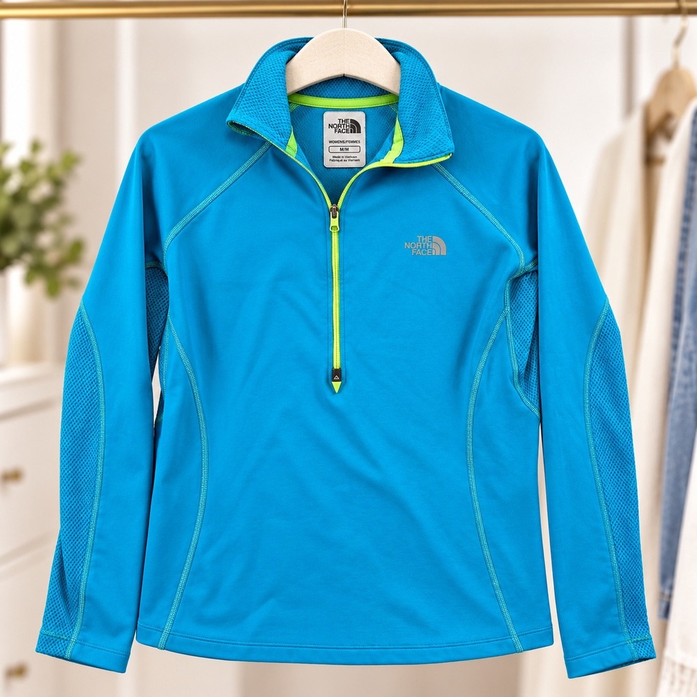 The North Face Womens M FlashDry 1/4 Zip Pullover Blue Running Hiking A5UC Mesh